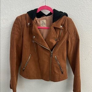 We the Free Brown Vegan Leather Jacket with Black Hood